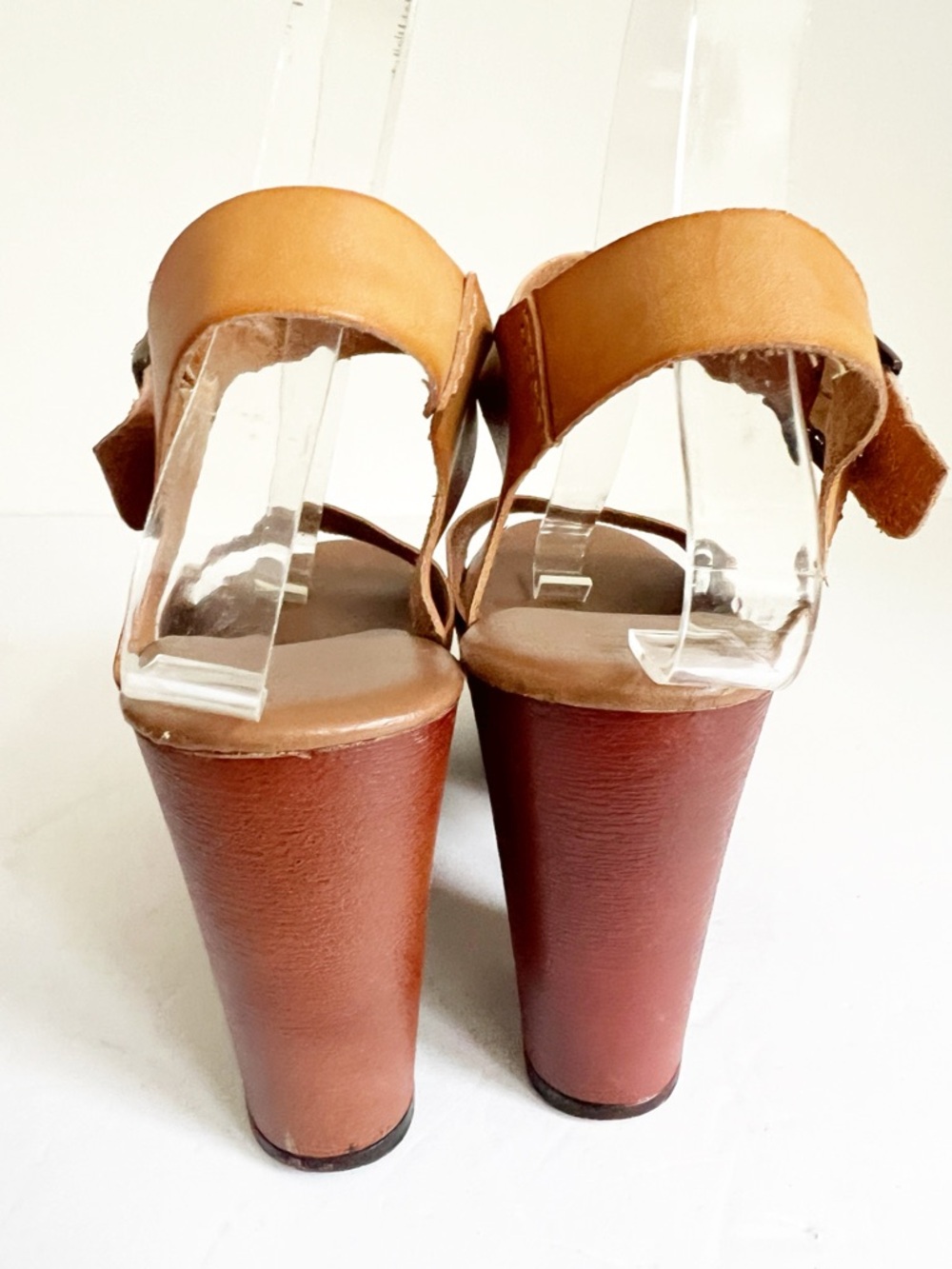 SZ 7 Pierre Dumas Women’s Tan Leather Platform Sandal Heels 70’s - Picture 4 of 9